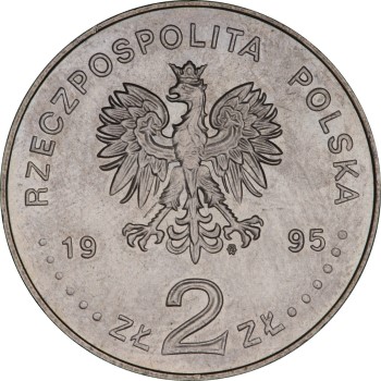 Awers pierwszej srebrnej monety wydanej po denominacji - 03.04.1995 r. w temacie Katyń, Miednoje, Charków 1940